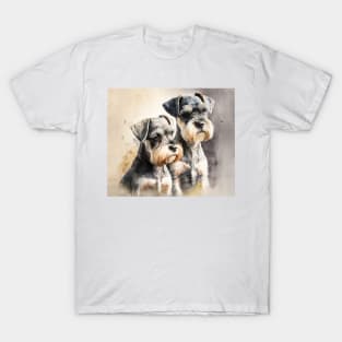 Two Miniature Schnauzers Playing Watercolour Painting T-Shirt